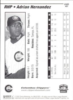 2002 Choice Columbus Clippers #01 Adrian Hernandez Back