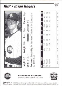 2002 Choice Columbus Clippers #07 Brian Rogers Back