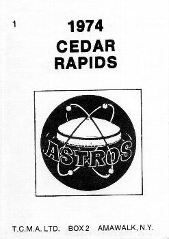 1974 TCMA Cedar Rapids Astros #1 Bob Renninger Back
