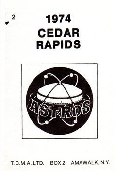 1974 TCMA Cedar Rapids Astros #2 Bob Youse Back