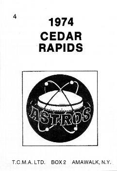 1974 TCMA Cedar Rapids Astros #4 Arturo Gonzalez Back