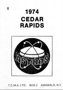 1974 TCMA Cedar Rapids Astros #8 Mike Jones Back
