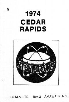 1974 TCMA Cedar Rapids Astros #9 Calvin Portley Back