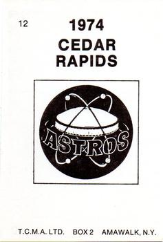 1974 TCMA Cedar Rapids Astros #12 Eric Brown Back