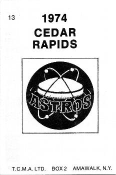 1974 TCMA Cedar Rapids Astros #13 Luis Sanchez Back