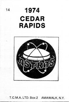 1974 TCMA Cedar Rapids Astros #14 Jose Alfaro Back