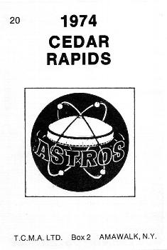 1974 TCMA Cedar Rapids Astros #20 Guillermo Foster Back