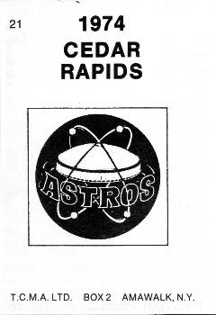 1974 TCMA Cedar Rapids Astros #21 Pastor Perez Back