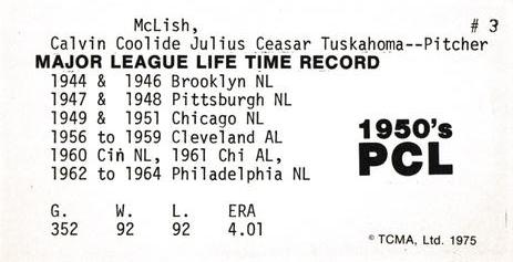 1975 TCMA 1950's Pacific Coast League #3 Cal McLish Back