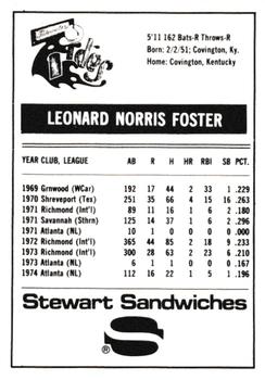 1975 Stewart Sandwiches Tidewater Tides #NNO Leo Foster Back