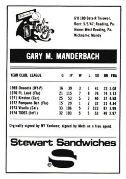 1975 Stewart Sandwiches Tidewater Tides #NNO Gary Manderbach Back