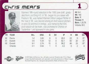 1999 Multi-Ad Wisconsin Timber Rattlers #1 Chris Mears Back