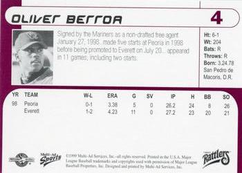 1999 Multi-Ad Wisconsin Timber Rattlers #4 Oliver Berroa Back