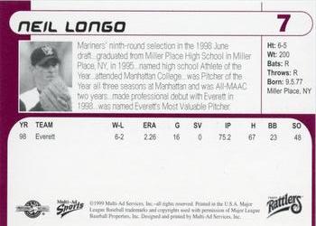 1999 Multi-Ad Wisconsin Timber Rattlers #7 Neil Longo Back