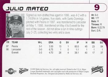1999 Multi-Ad Wisconsin Timber Rattlers #9 Julio Mateo Back