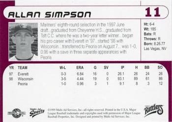 1999 Multi-Ad Wisconsin Timber Rattlers #11 Allan Simpson Back