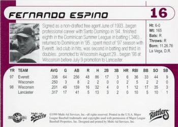 1999 Multi-Ad Wisconsin Timber Rattlers #16 Fernando Espino Back