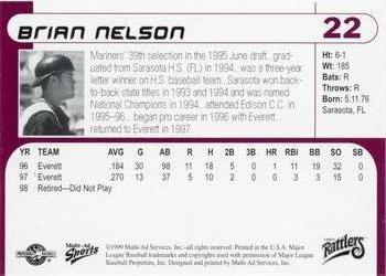 1999 Multi-Ad Wisconsin Timber Rattlers #22 Brian Nelson Back