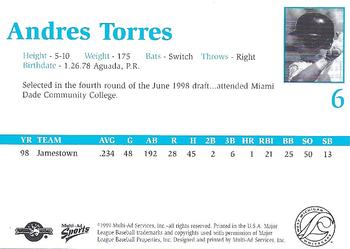1999 Multi-Ad West Michigan Whitecaps #NNO Andres Torres Back