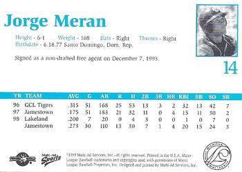 1999 Multi-Ad West Michigan Whitecaps #NNO Jorge Meran Back