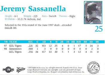 1999 Multi-Ad West Michigan Whitecaps #NNO Jeremy Sassanella Back