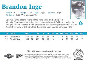 1999 Multi-Ad West Michigan Whitecaps Update #6 Brandon Inge Back