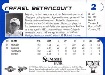 1999 Multi-Ad Trenton Thunder #2 Rafael Betancourt Back
