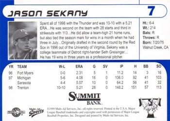 1999 Multi-Ad Trenton Thunder #7 Jason Sekany Back
