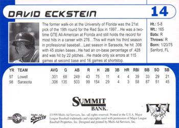 1999 Multi-Ad Trenton Thunder #14 David Eckstein Back
