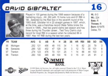 1999 Multi-Ad Trenton Thunder #16 David Gibralter Back