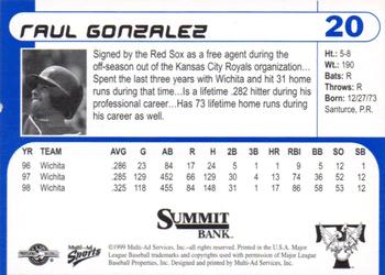 1999 Multi-Ad Trenton Thunder #20 Raul Gonzalez Back