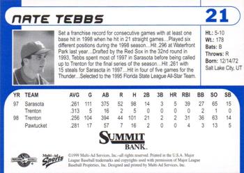 1999 Multi-Ad Trenton Thunder #21 Nate Tebbs Back