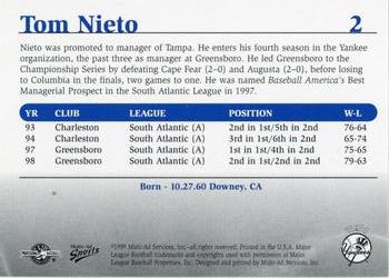 1999 Multi-Ad Tampa Yankees #2 Tom Nieto Back