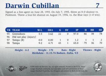1999 Multi-Ad Tampa Yankees #7 Darwin Cubillan Back