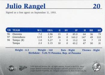 1999 Multi-Ad Tampa Yankees #20 Julio Rangel Back