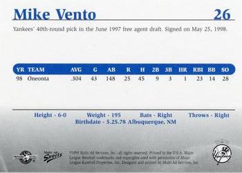 1999 Multi-Ad Tampa Yankees #26 Mike Vento Back