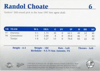 1999 Multi-Ad Tampa Yankees Update #6 Randol Choate Back