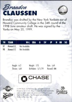 1999 Multi-Ad Staten Island Yankees #6 Brandon Claussen Back