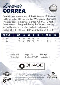 1999 Multi-Ad Staten Island Yankees #7 Dominic Correa Back