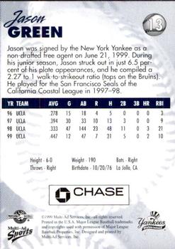 1999 Multi-Ad Staten Island Yankees #13 Jason Green Back