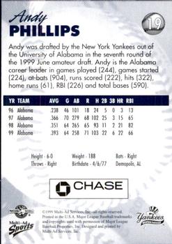 1999 Multi-Ad Staten Island Yankees #19 Andy Phillips Back