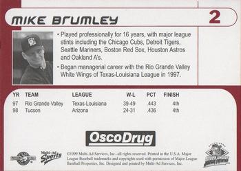 1999 Multi-Ad South Bend Silver Hawks #2 Mike Brumley Back