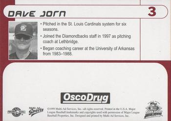 1999 Multi-Ad South Bend Silver Hawks #3 Dave Jorn Back