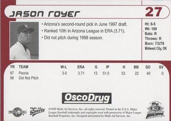 1999 Multi-Ad South Bend Silver Hawks #27 Jason Royer Back