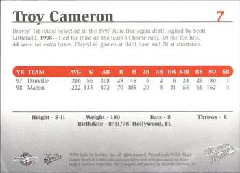 1999 Multi-Ad South Atlantic League Top Prospects #7 Troy Cameron Back