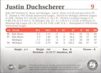 1999 Multi-Ad South Atlantic League Top Prospects #9 Justin Duchscherer Back