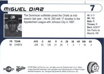 1999 Multi-Ad Peoria Chiefs #7 Miguel Diaz Back
