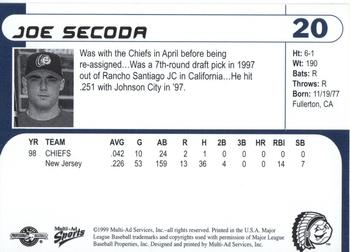 1999 Multi-Ad Peoria Chiefs #20 Joe Secoda Back