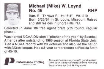 1986 Performance Printing Texas Rangers #NNO Mike Loynd Back