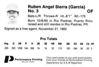 1986 Performance Printing Texas Rangers #NNO Ruben Sierra Back